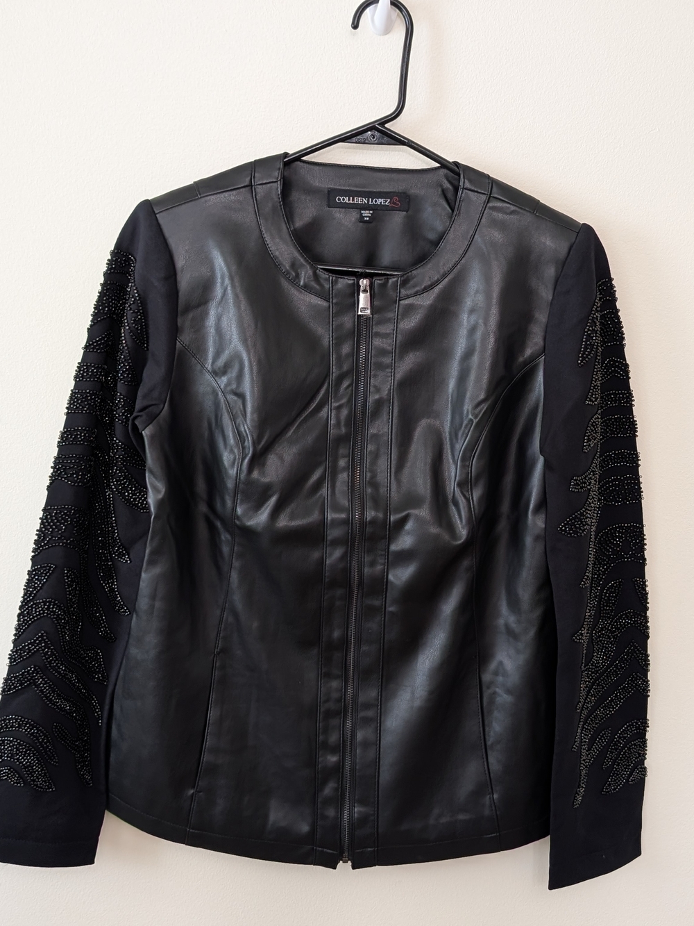 Colleen Lopez Faux Leather Jacket Women's Black Twill Lace  Sleeves NWT XS